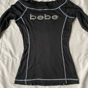 Bebe long sleeve off shoulder crystals black and white shirt Medium
